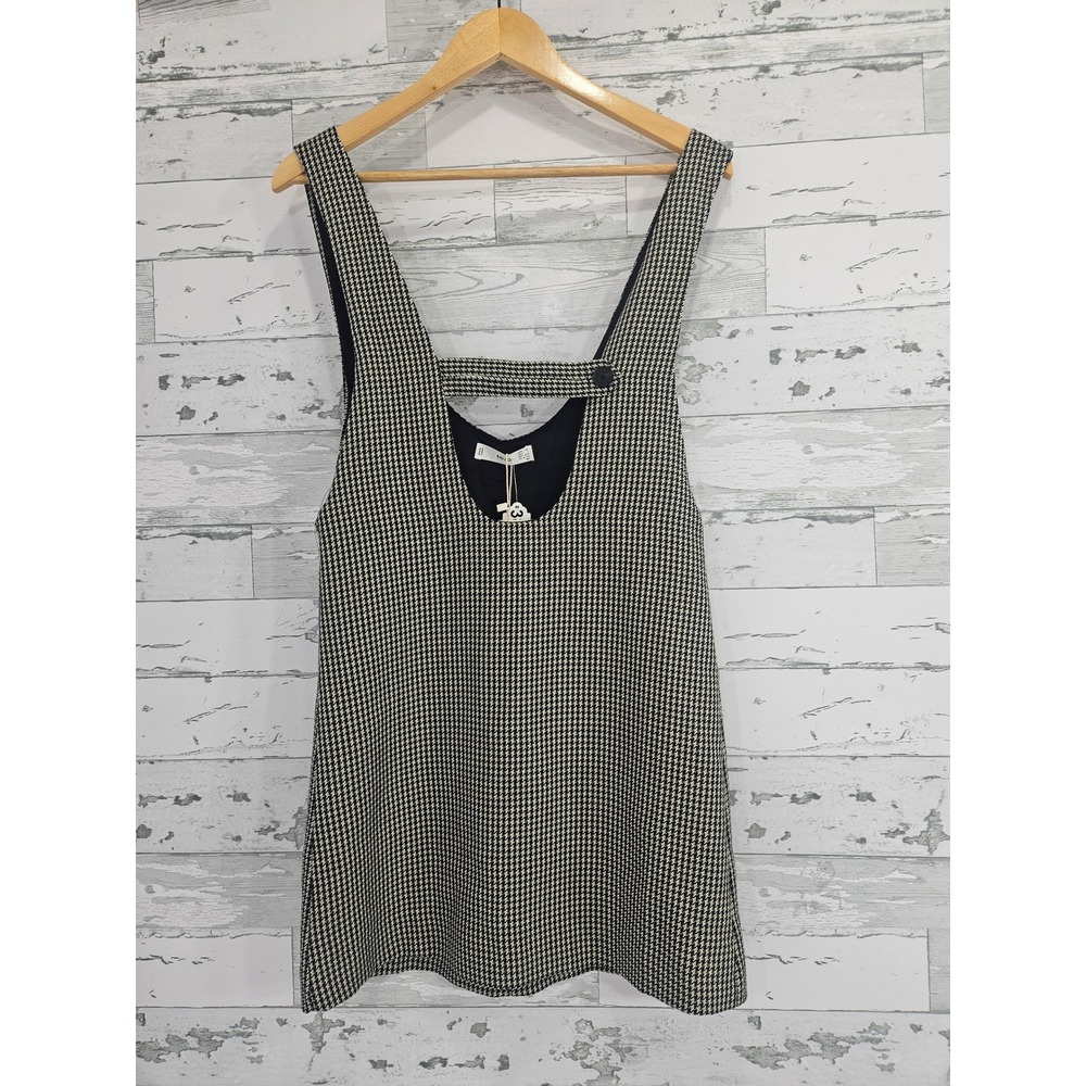 Mango MNG Womens Houndstooth Pinafore Mini Dress Black White Sleeveless Size 2